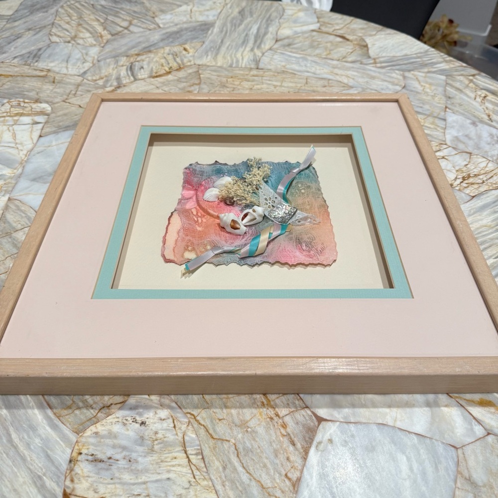 Framed Abstract Art with Pastel Accents 17x17 in Sea Shells Mixed Media Painting